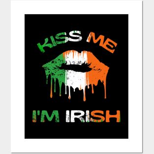 Kiss Me I'm Irish Vintage Painted Lips Retro St Patricks Day Ireland Flag Colours Shamrock Gift Posters and Art